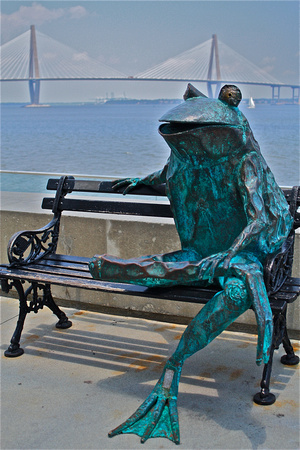 Pewter Frog Statue on bench w/ Charleston SC Bridge