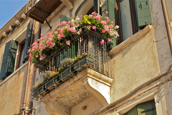 Terrace w/Pink Flower Boxes Venice Italy #238